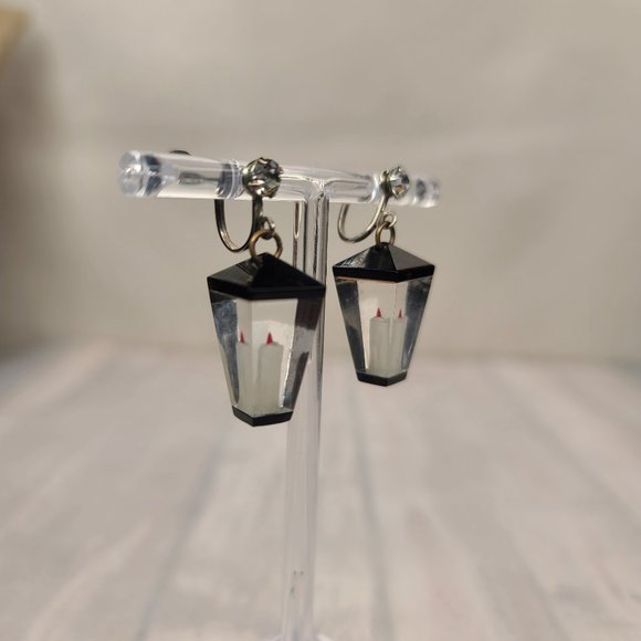 Lucite Candle Lantern Earrings in Black- Vintage, Christmas, Pinup, Screwback - Picture 4 of 6